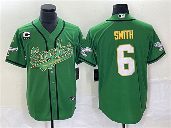 Men's Philadelphia Eagles #6 DeVonta Smith Green Gold With C Patch Cool Base Baseball Stitched Jersey